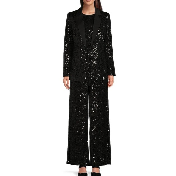 Gibson Latimer Black Sequin Knit Coordinating Long Sleeve Satin Contrast Blazer - Picture 3 of 10